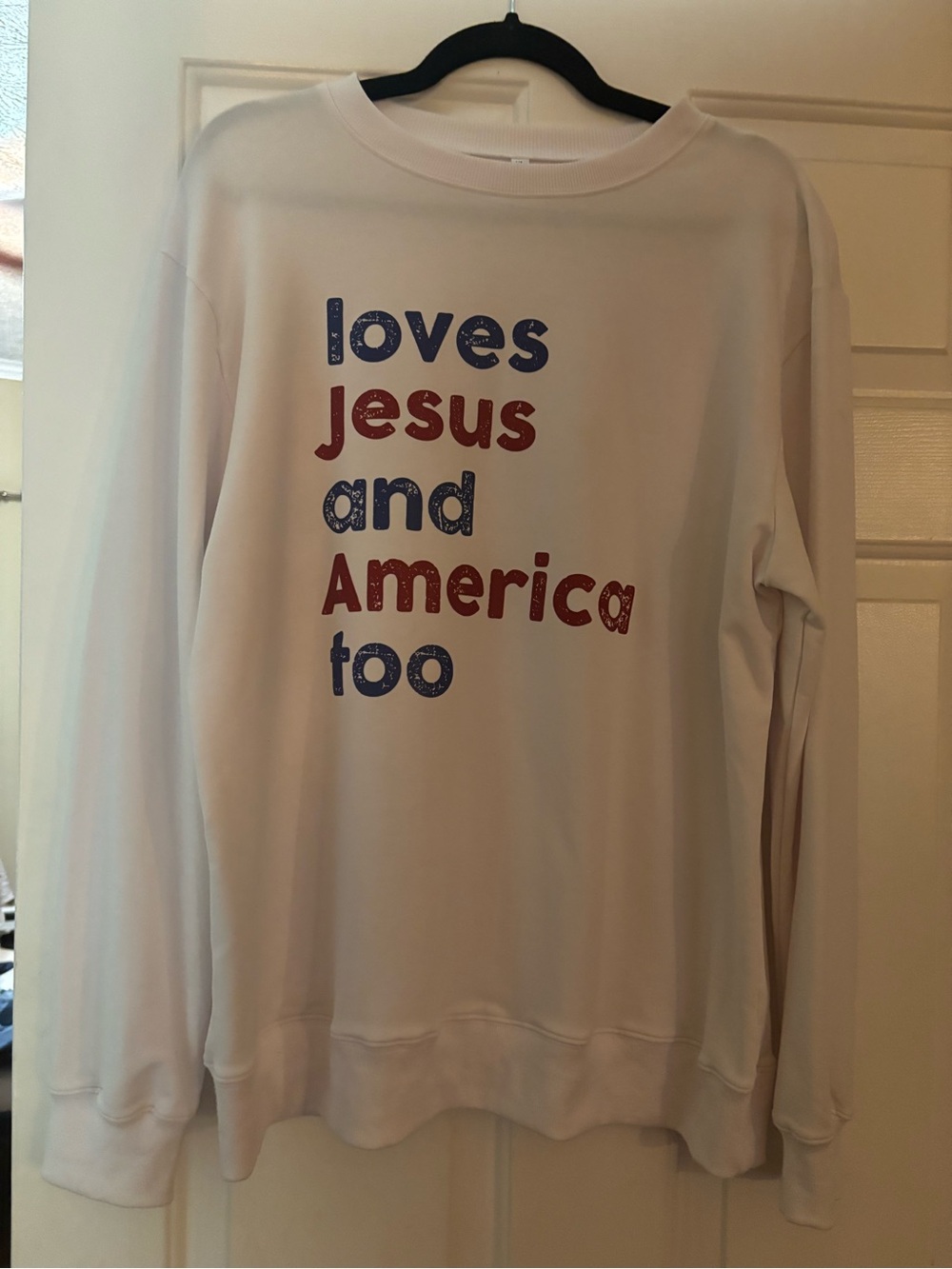 Unbranded White Crewneck Sweatshirt with Red & Blue Patriotic Text